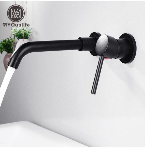 Wall Mounted Matte Black Bathroom Kitchen Faucet One Hole Cold Water Washing Tap Rotate  Spout Brass Vanity Sink Crane