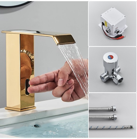 2024 New Black Sensor Basin Faucet Bathroom Automatic Sensor Watefall Faucet Touchless Free Touch Sink Tap Hot Cold Water Mixer Crane