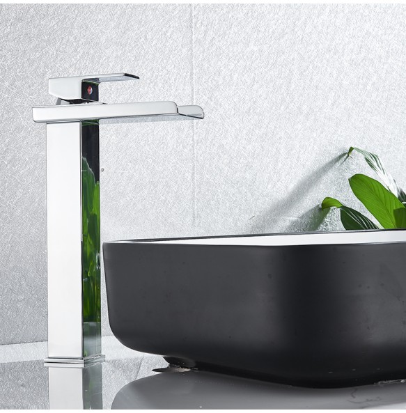 2024 New Black Waterfall Basin Sink Faucet Tall Bathroom Mixer Tap Wide Spout Vessel Sink Fauet Hot Cold Water Tap