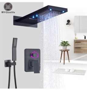 Luxury matte Black  Shower Faucet Rectangle LED Rainfall shower Set 3 Ways Water Outlet Bathroom Shower Comfortable Experience