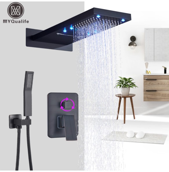 Luxury matte Black  Shower Faucet Rectangle LED Rainfall shower Set 3 Ways Water Outlet Bathroom Shower Comfortable Experience