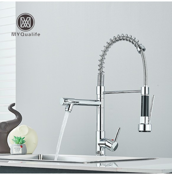 Chrome Pull Down Brass Kitchen Sink Faucet Hot Cold Water Mixer Crane Tap with Dual Spout 360 Rotation Spring Type Faucet