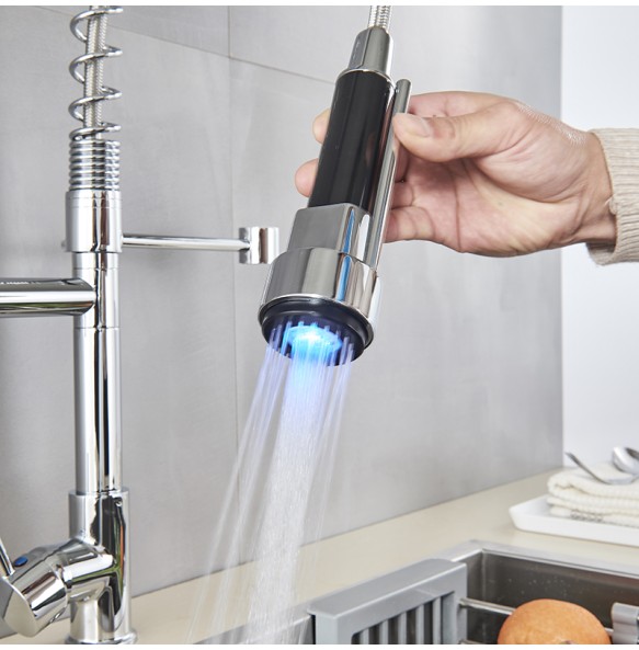 Kitchen Faucet Brushed LED Light Pull-down spring Kitchen Mixer with Hot Cold Water Single Handle Swivel Spout Handheld Head