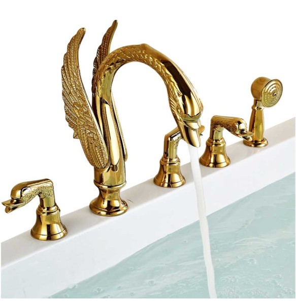 Widespread Swan Bathtub Faucet Golden Tub Mixer Tap Deck Mounted 3 Handle Swan Bath Shower Set with Pull Out Handshower Head