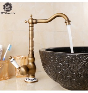 2024 New Antique Brass Bathroom Kitchen Sink Faucet Deck Mount Hot and cold Crane Vanity Sink Mixer Taps Blue and white porcelain Handle