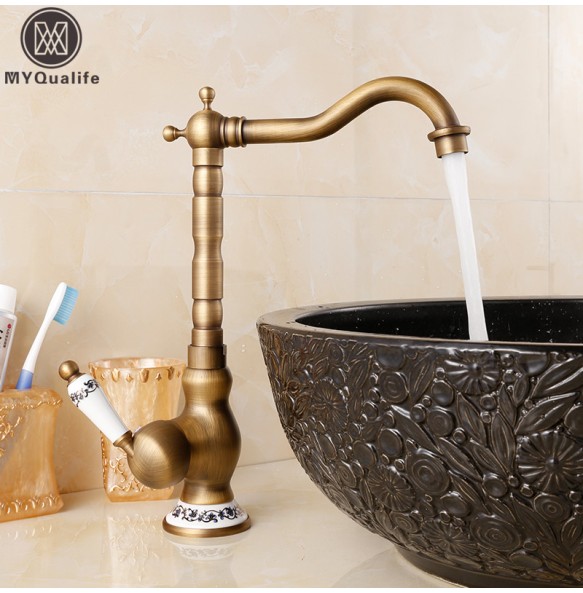 2024 New Antique Brass Bathroom Kitchen Sink Faucet Deck Mount Hot and cold Crane Vanity Sink Mixer Taps Blue and white porcelain Handle