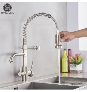 Brushed Pure Water Filter Kitchen Faucet Dual Handle Hot and Cold Drinking Water Pull Out  Kitchen Mixer Crane Purification