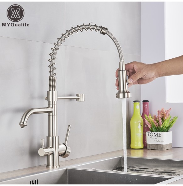 Brushed Pure Water Filter Kitchen Faucet Dual Handle Hot and Cold Drinking Water Pull Out  Kitchen Mixer Crane Purification