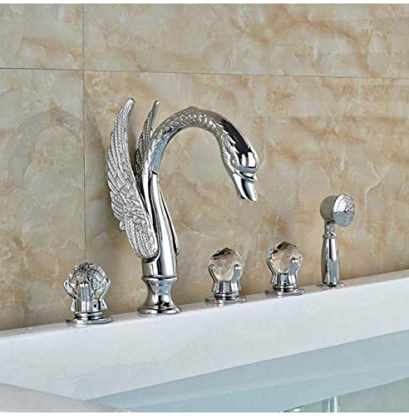 Widespread Swan Bathtub Faucet Golden Tub Mixer Tap Deck Mounted 3 Handle Swan Bath Shower Set with Pull Out Handshower Head