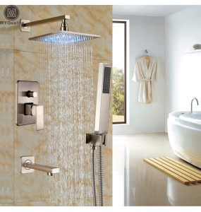 Bathroom LED Light Rainfall Shower Set Handheld Spray Brass Tub Spout Tap Bath Shower Mixer Faucet Wall Mounted Color Changing