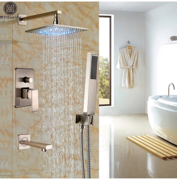 Bathroom LED Light Rainfall Shower Set Handheld Spray Brass Tub Spout Tap Bath Shower Mixer Faucet Wall Mounted Color Changing