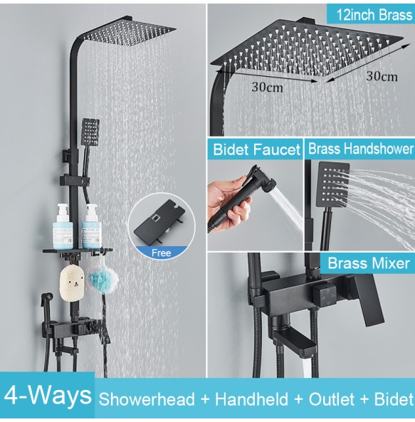 Black Brass Shower Faucet Set Rainfall Bathtub Tap With Bathroom Shelf 4 Functions Height Adjust Shower Mixer Crane Fast Delivey