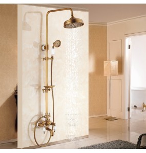 Antique Brass Shower Bath Faucet Sets Wall Mounted EXposed 8