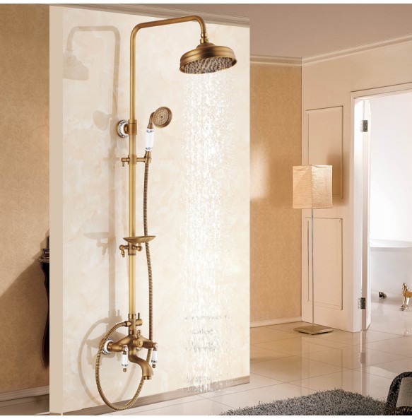 Antique Brass Shower Bath Faucet Sets Wall Mounted EXposed 8