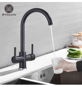 Black Kitchen Filtered Faucet Beige with Dots Brass Purifier Mixer Double Sprayer Drinking Water Curved Sink Tap 360 Rotate