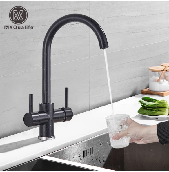 Black Kitchen Filtered Faucet Beige with Dots Brass Purifier Mixer Double Sprayer Drinking Water Curved Sink Tap 360 Rotate