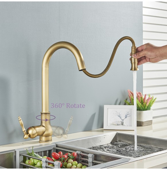 MYQualife Antique Brass Kitchen Sink Faucet Pull Down Swivel Spout Kitchen Deck Mounted Bathroom Hot and Cold Water Mixers