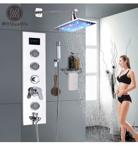 New Refined LED Shower Panel and Shower Head Free Combination Wall Mounting Chrome Shower Faucet 4 Function Bathroom Faucet