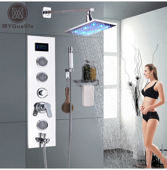 New Refined LED Shower Panel and Shower Head Free Combination Wall Mounting Chrome Shower Faucet 4 Function Bathroom Faucet