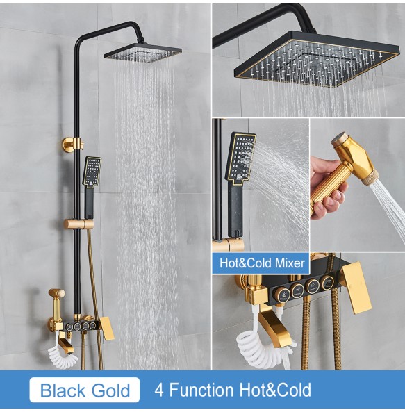 Black Thermostatic LCD Shower Faucet Set Temperature Display Rainfall Bathtub Tap With Bathroom Shelf Electricity By Water