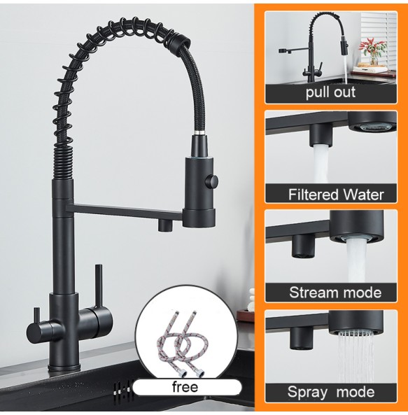 Matte Black Filtered Kitchen Faucet Pure Water Kitchen Faucet Dual Handle Hot&Cold Drinking Water Purified Kitchen Mixer Taps