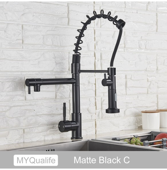 Matte Black Finish Dual Spout Kitchen Sink Faucet Deck Mount Spring Kitchen Mixer Tap Kitchen Hot and Cold Water tap