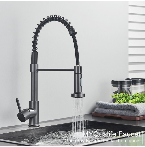 Silver Gray Kitchen Sink Faucet One Handle Spring Hot and Cold Water Tap Deck Mounted Bathroom Matte Black Kitchen Crane