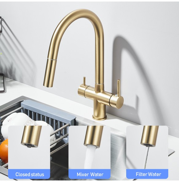 Brushed Gold Kitchen Faucet Pure Faucet Pull Out Filtered Faucet Dual Handle Hot&Cold Drinking Water Mixer Taps