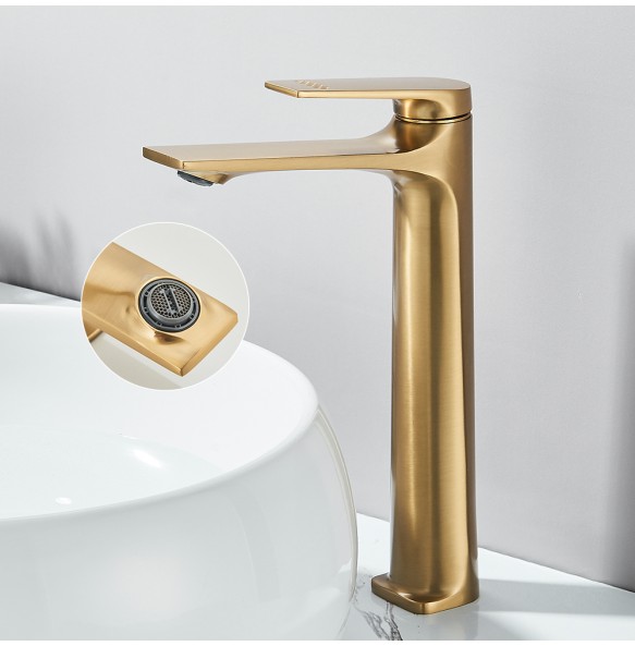 Brushed Gold Square Basin Faucet Bathroom Washbasin Stainless Steel Tap Hot Cold Water Gold Tall Model Mixer Deck Mounted