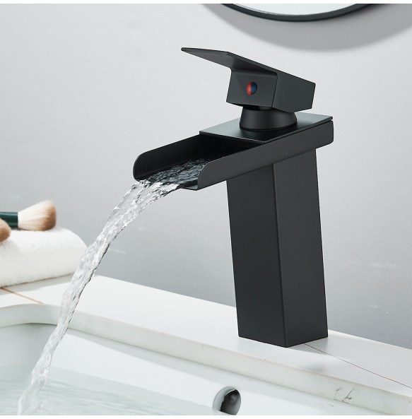 Matte Black Waterfall Outlet Basin Faucet Deck Mounted  Mixer Tap Cold And Hot Water Tap Single Hole Bath Sink Faucets Crane