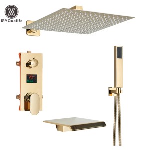 Gold Bathroom Shower Faucet Black Digital All Metal Shower Faucets Set Rainfall Shower Head Digital Display Mixer Tap