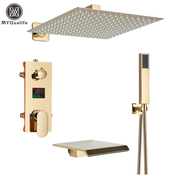 Gold Bathroom Shower Faucet Black Digital All Metal Shower Faucets Set Rainfall Shower Head Digital Display Mixer Tap