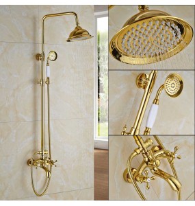 Golden Shower Faucet Dual Handle Shower Faucet Set Wall Mounted Rainfall Shower System Bathroom Bath Shower Mixer  Sliding Bar