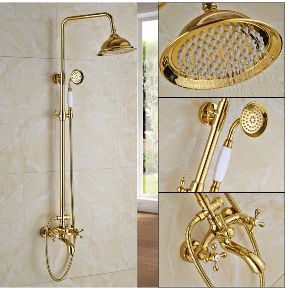 Golden Shower Faucet Dual Handle Shower Faucet Set Wall Mounted Rainfall Shower System Bathroom Bath Shower Mixer  Sliding Bar