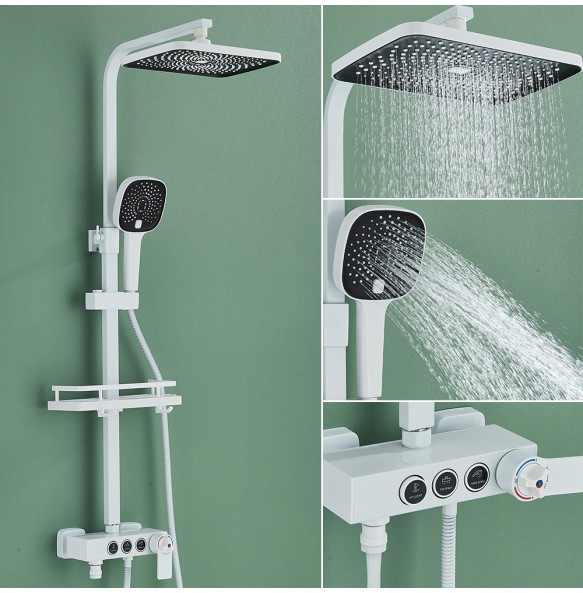 White Thermostatic Shower Faucet Fixed Temperature 3 Way Key Rainfall System Bathtub Tap With Big Showerhead Bathroom Shelf