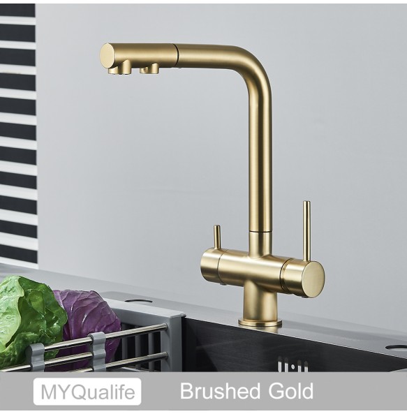 Chrome Brass Pull Out Filtered Kitchen Faucet Dual Handle Hot Cold Drinking Water 3-Way Filter Purification Mixer Taps