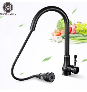 Modern Pull Down Spout Kitchen Faucet Deck Mounted Black Stream Sprayer Kitchen Mixer Taps Single Handle Pull Out Spout