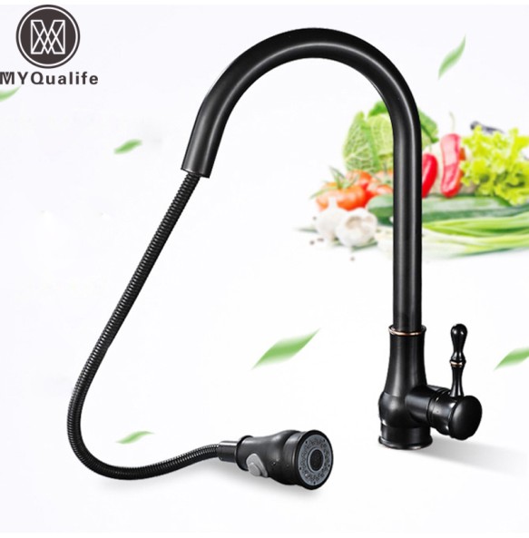 Modern Pull Down Spout Kitchen Faucet Deck Mounted Black Stream Sprayer Kitchen Mixer Taps Single Handle Pull Out Spout