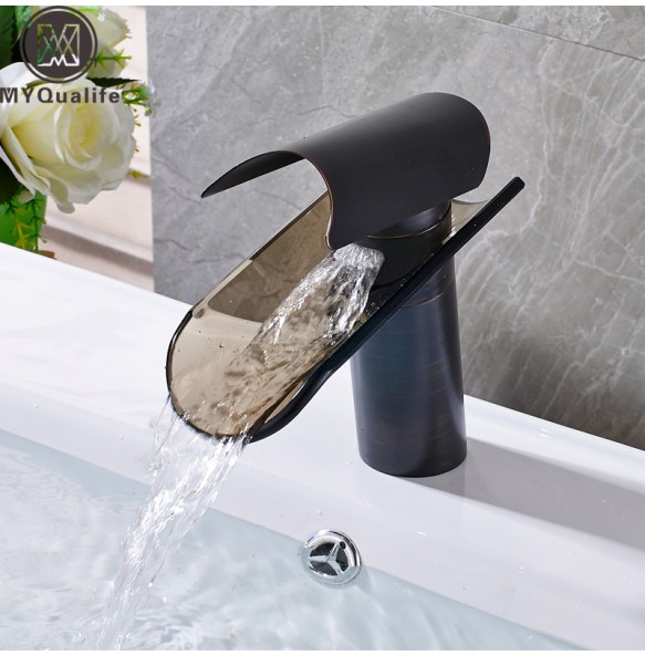 2024 New Glass Waterfall Spout Basin Faucet Deck Mounted Waterfall Hot Cold Water Tap Single Handle Bathroom Mixer Tap