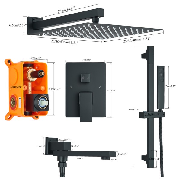 Matte Black Bathroom Rainfall Shower Faucet Set  With Lifting Rod Rotate Bottom Spout Hot And Cold Water Mixer Tap Embedded Box