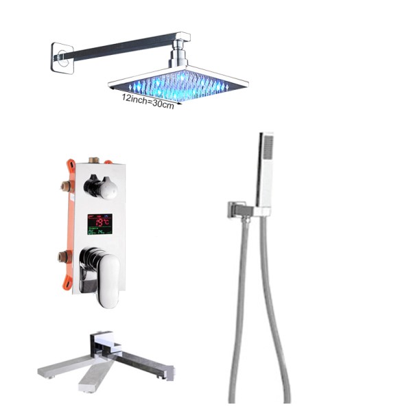 Wall Mounted LED Light Shower Faucet Set Single Handle Bathroom Chrome Shower Mixers 3-ways Concealed Box Mixer Valve