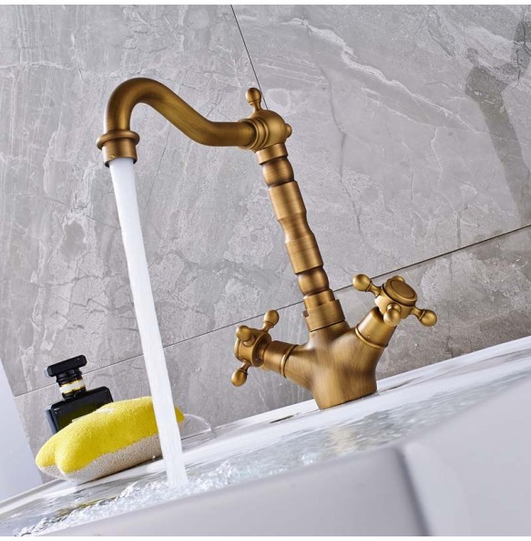 2024 New Dual Handle Swivel Bathroom Kitchen Sink Faucet Antique Brass Mixer Tap with Hot and Cold Water Deck Mounted