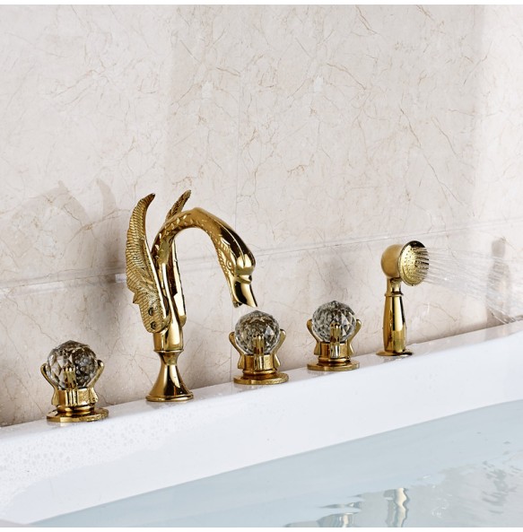 Golden Swan Style Brass Golden Bathtub Tub Faucet Deck Mounted Hot and Cold Water Bath Shower Mixer Taps