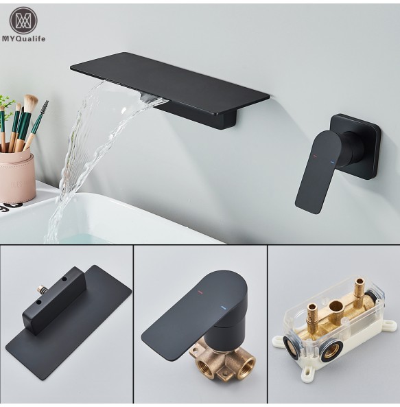 Matte Black Waterfall Bathtub Faucet One Handle In-wall Spout Tub Hot&Cold water Mixer Tap Handshower Widespread Bathtub Tap