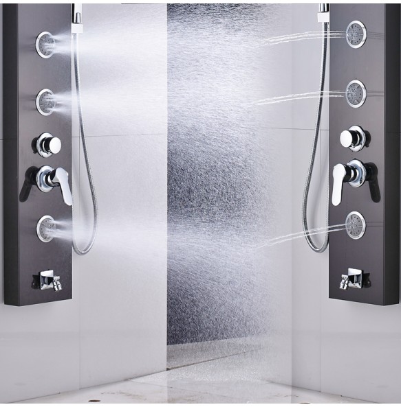 Stainless Steel Black Bath Shower Column Wall Mounted Rain Waterfall Shower Panel Mixers Rotate Body Massage Jets Shower System