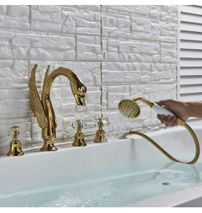 Widespread Swan Bathtub Faucet Golden Tub Mixer Tap Deck Mounted 3 Handle Swan Bath Shower Set with Pull Out Handshower Head