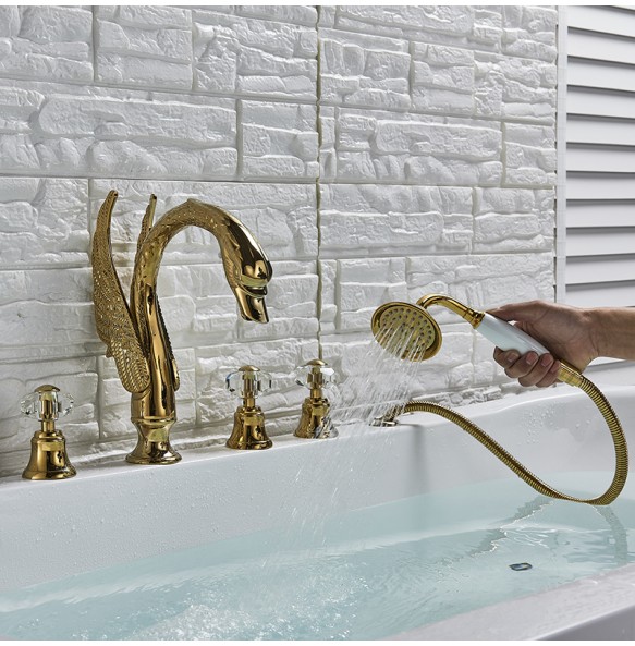 Widespread Swan Bathtub Faucet Golden Tub Mixer Tap Deck Mounted 3 Handle Swan Bath Shower Set with Pull Out Handshower Head