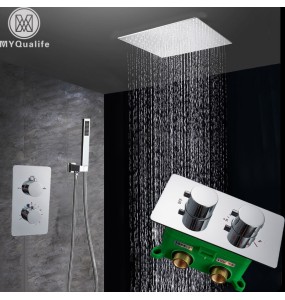 Chrome Thermostatic Shower Faucet Dual Handle Wall Mounted Shower Mixer Tap with Handshower Thermostatic Shower Mixer Valve