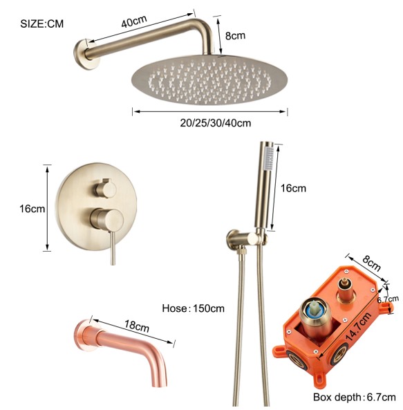 Brushed Gold Shower Faucet Set Round Brass Bathroom Wall Mount Rotate Tub Spout  Rainfall Head 3 Ways Mixer Tap