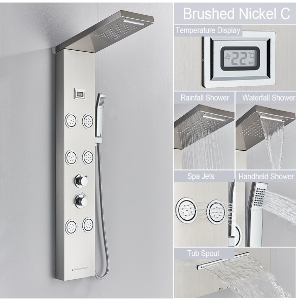 Shower Panel Waterfall Rain Shower Faucet Set SPA Massage Jet Bath Shower Column Temperature Display Mixer Tap Tower